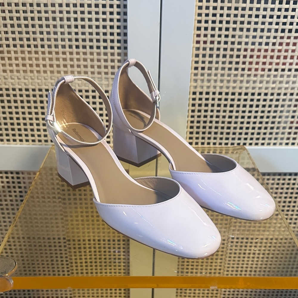 Reformation Patent Leather Block Heel Ankle Strap Pumps - Light Pink size 8.5